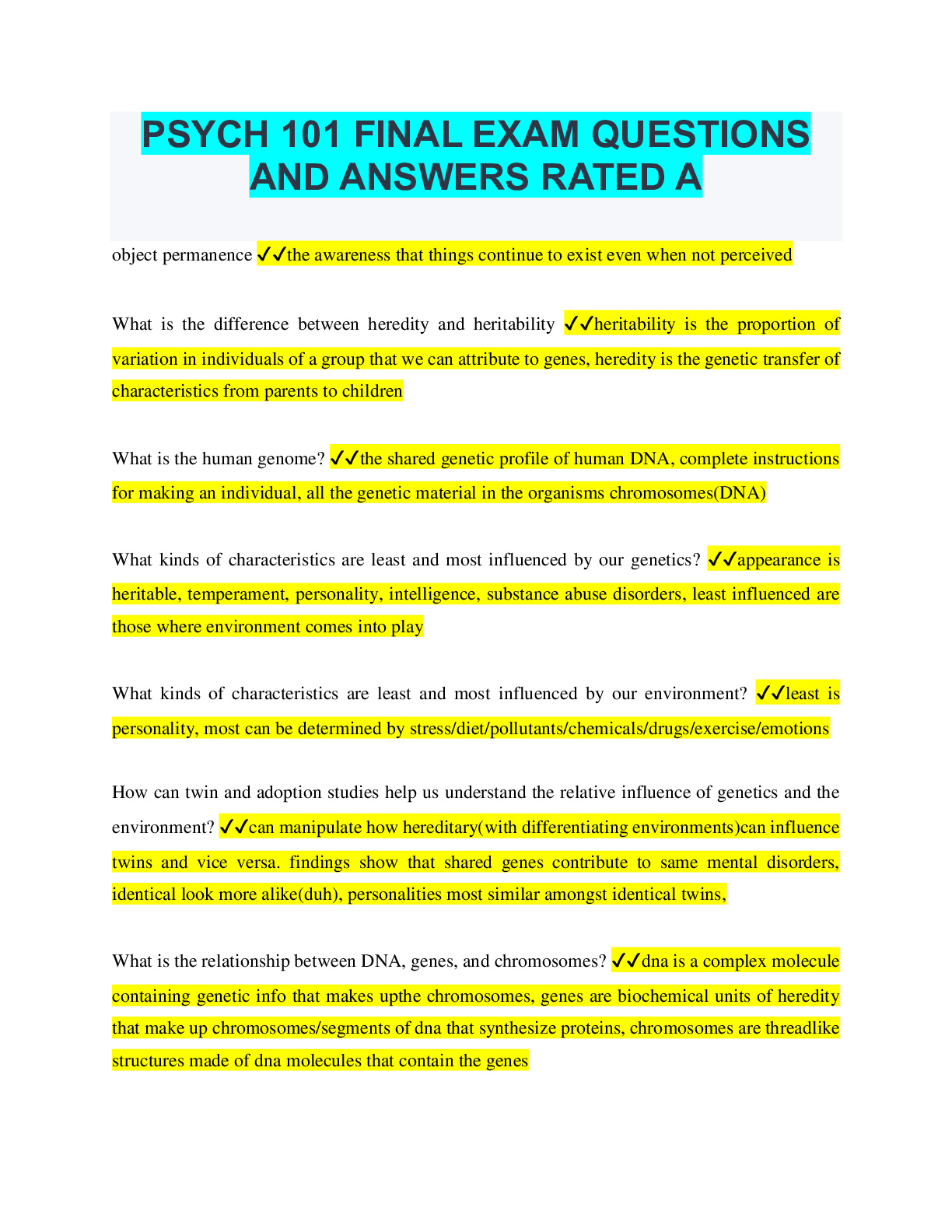 Preview image for PSYCH 101 FINAL EXAM QUESTIONS AND ANSWERS RATED A